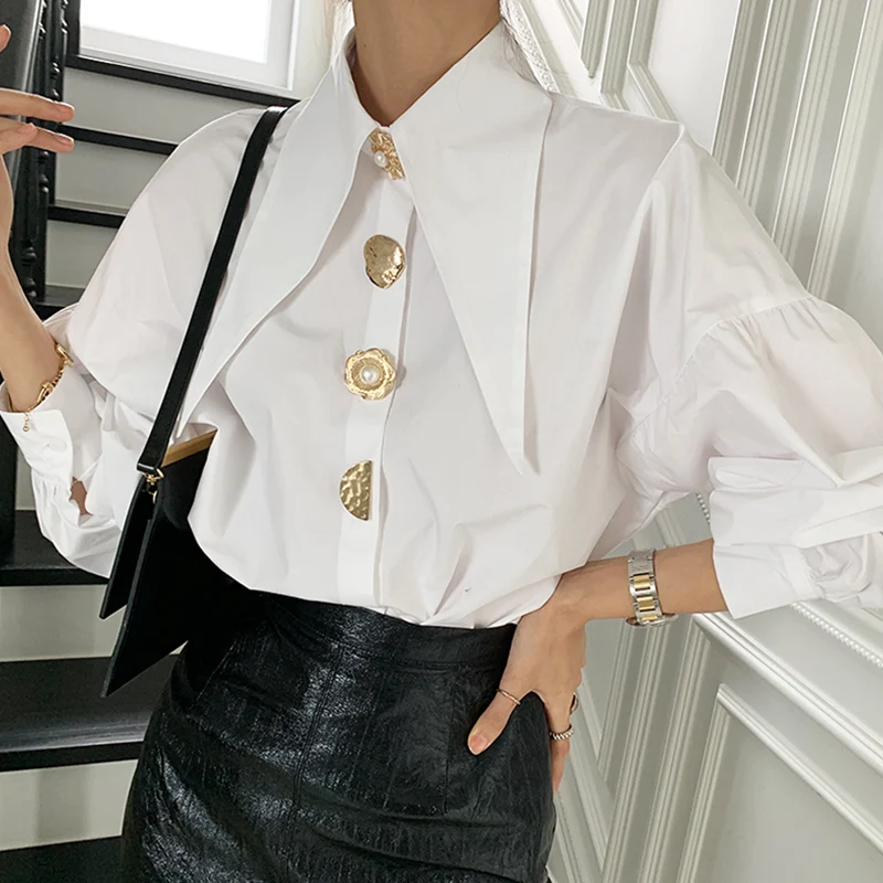 

Sleeves Women's New Sweet Jacket Pointed Collar Chic Single-breasted Buttons Long Lantern Single-breasted White Loose Shirt
