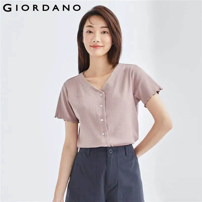 

GIORDANO Women T-Shirts Lettuce Edge V-Neck Buttoons Simple Basic Tee Solid Color Short Sleeve Fashion Casual Tshirts 13323208