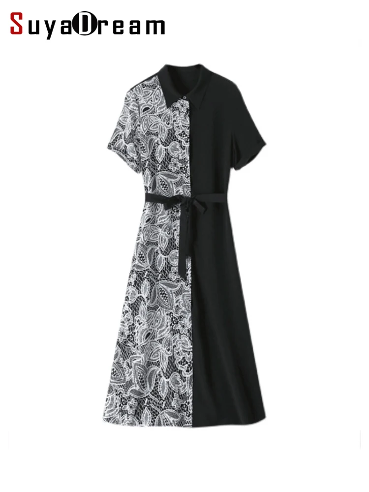SuyaDream Women Long Dress 100%Silk Crepe De Chine Contrast Polo Neck Sashes Shirt Dresses 2022 Spring Summer Clothes Black
