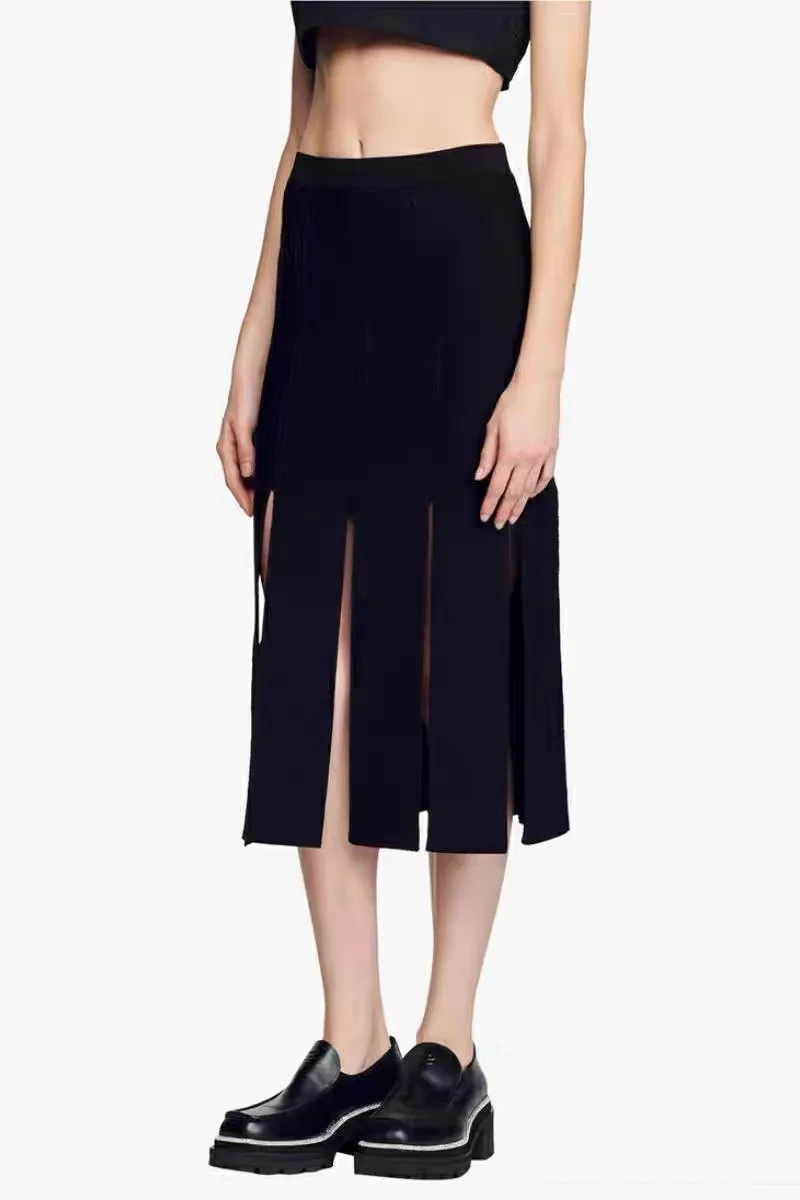 

2022 Spring Summer New Halter Cross V-neck Ribbed Sweater Women Pullover Fringed Midi Skirt