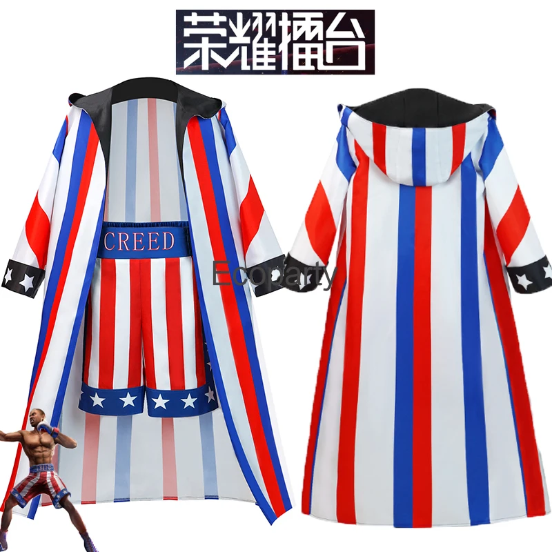 

Creed Adonis Creed Cosplay Costume Men Red Blue Stripe Boxer Hooded Shorts Cloak Set Halloween Party Fancy Role Outfits Male