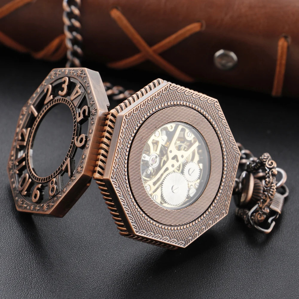 Red Antique Digital Hollow out Mechanical Pocket Watch High Quality Unisex Necklace Pendant Jewelry Gift for Men and Women