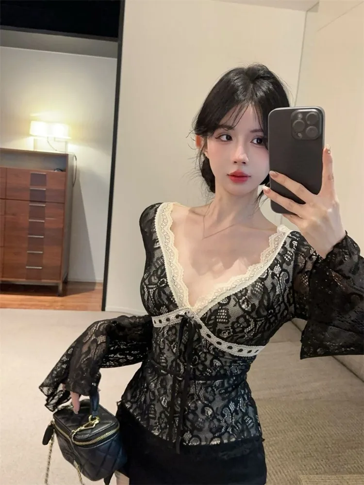 Y2k Сексуальные блузки для женщин Blusas De Mujer 2024 кружевные лоскутные рубашки с