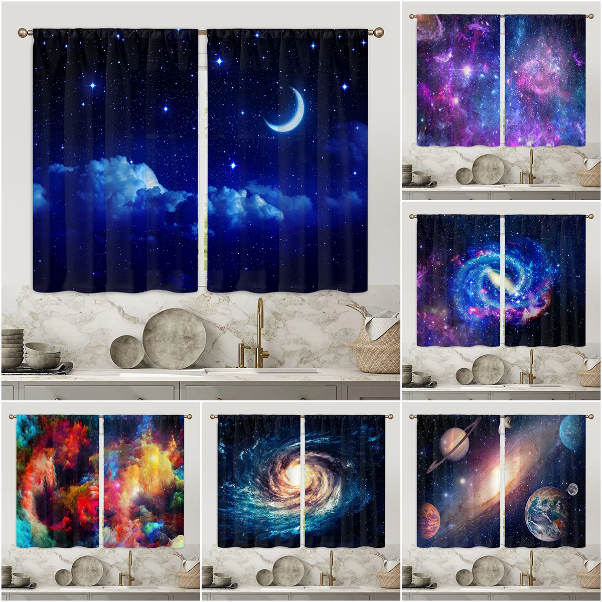 

3D Starry Moon Pattern Shade Curtains Deluxe Living Room Bedroom Home Decoration Digital Printing Custom Thin Curtains