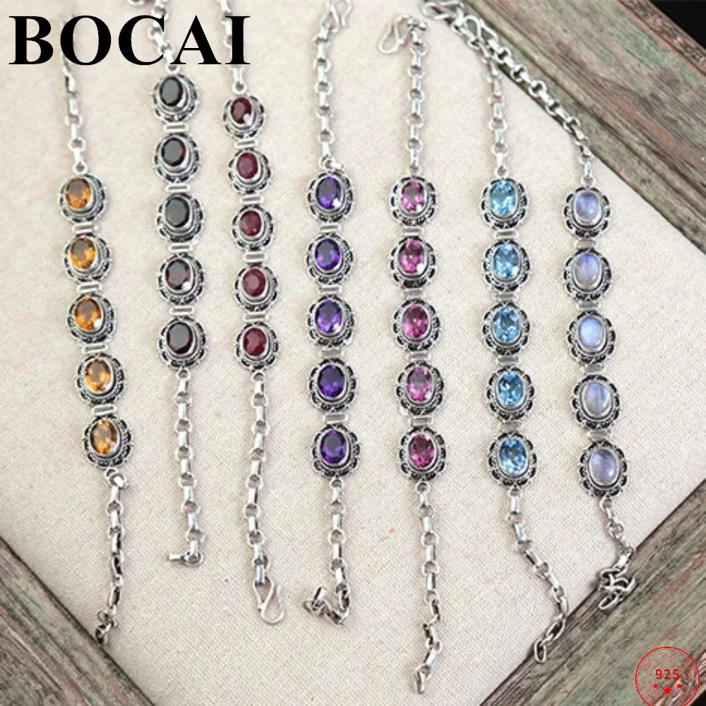 

BOCAI S925 Sterling Silver Bracelet for Women Moonstone Pink Topa Blue Topa Crystal Handmade Pure Argentum Gem Hand String