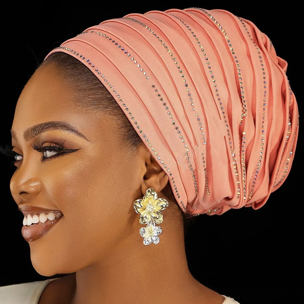 

Women Diamonds Turban African Headtie Auto Geles Aso Oke Muslim Hijab Headscarf Bonnet Hat Chemo Cap Nigeria Head Wrap Cover New