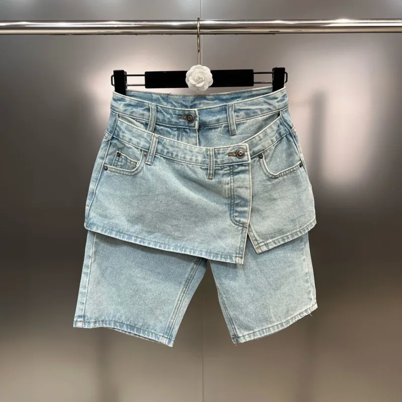 

BORVEMAYS Single-breasted Fake Two Pieces Denim Shorts Women 2023 Summer New High Waist Solid Color Street Jeans WZ2648
