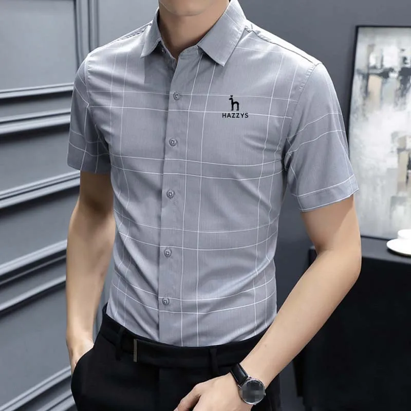 

Men's Wear Elastic Light Business HAZZYS Plaid Short Sleeve Shirt For Summer New Youth Slim Fit Polo Neck Golf