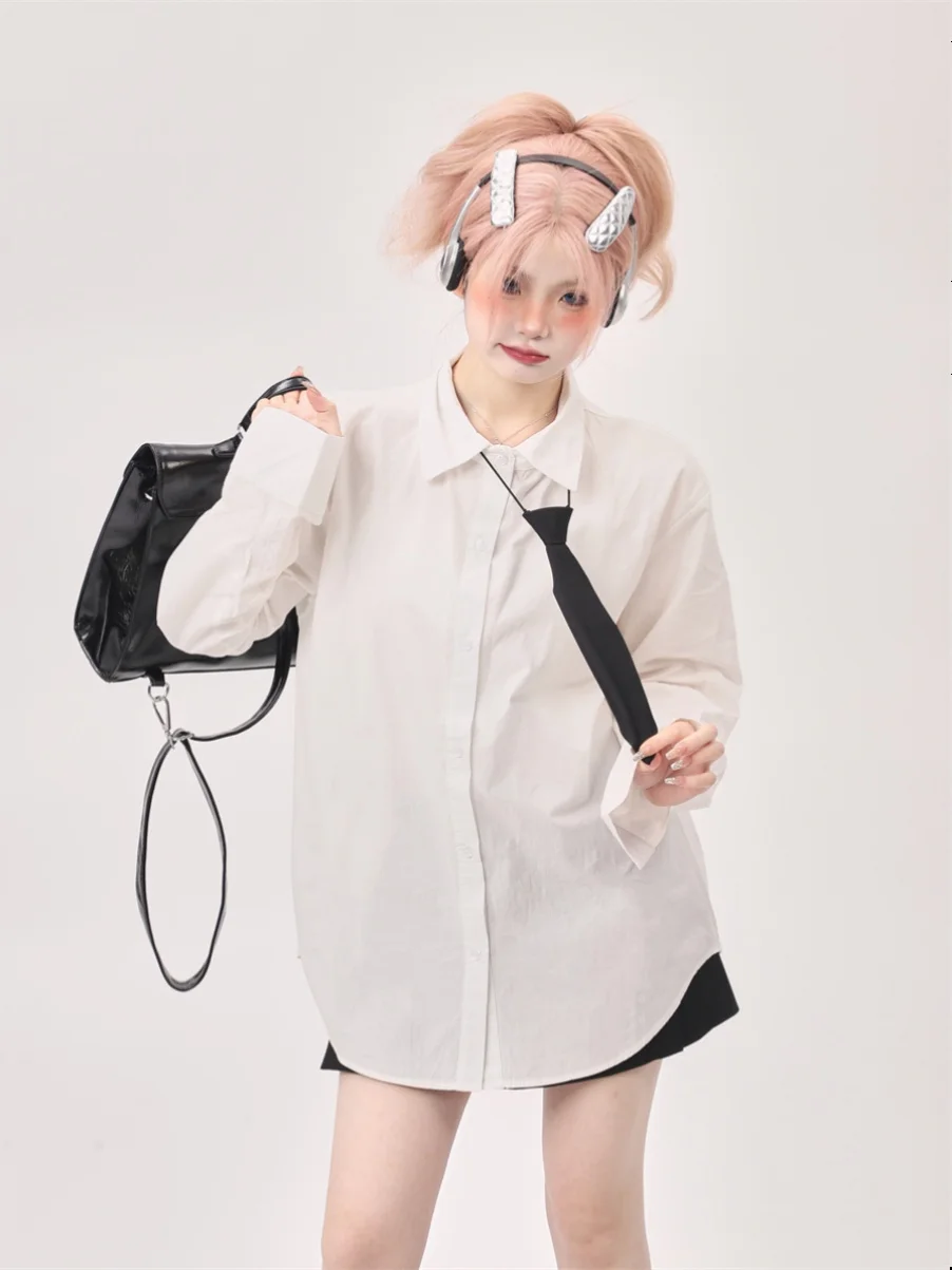 Inner wear Stacked White Long sleeve Shirts Women 2024 Autumn New Sle Tie Preppy High-Grade Loose Shirt