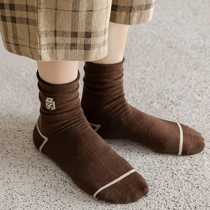 5 Pair Fashion Crimping Women Socks Kawaii Embroidery Long Socks Cute Cow Print Winter Pure Cotton Vintage Streetwear Girl Style