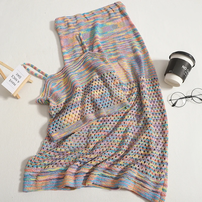 

Temperament hollow knitted camisole female Tops 2022 summer new Bohemian color package hip skirts sets women two-piece suit tide