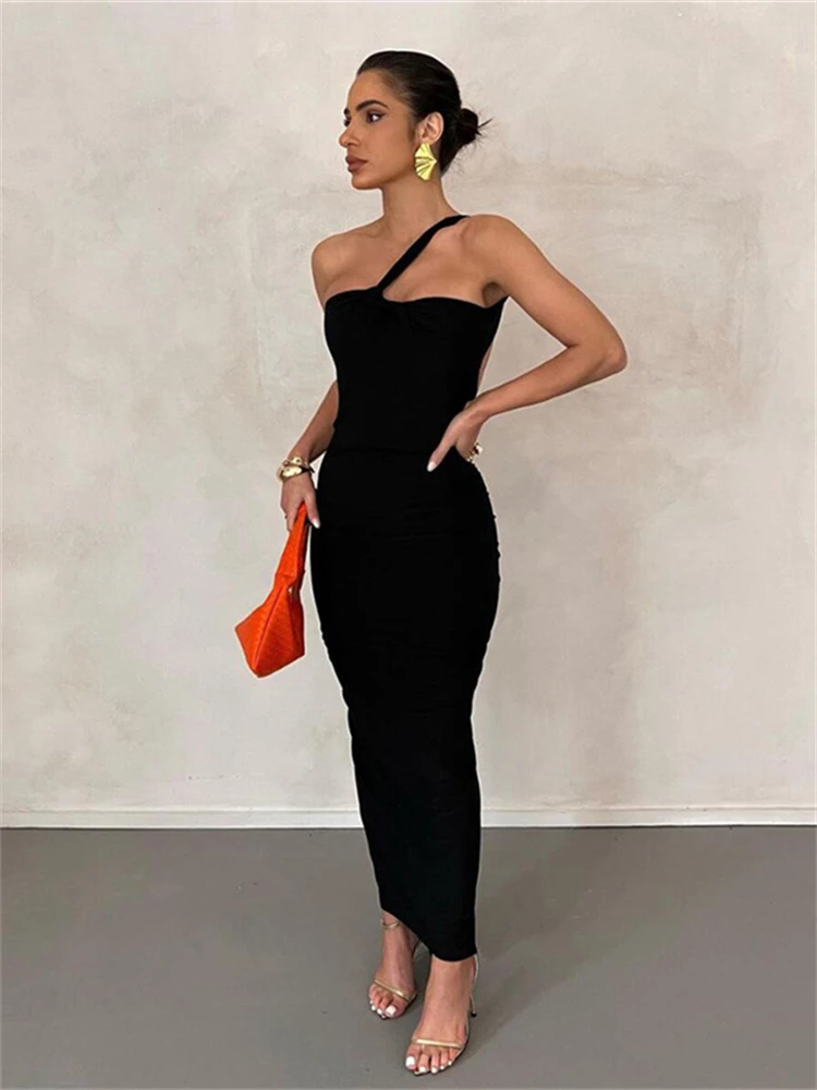 

Elegant Off Shoulder Backless Ruched Skinny Robe Female Party Evening Clothing Asymmetrical Concise Maxi Dress Women 2022