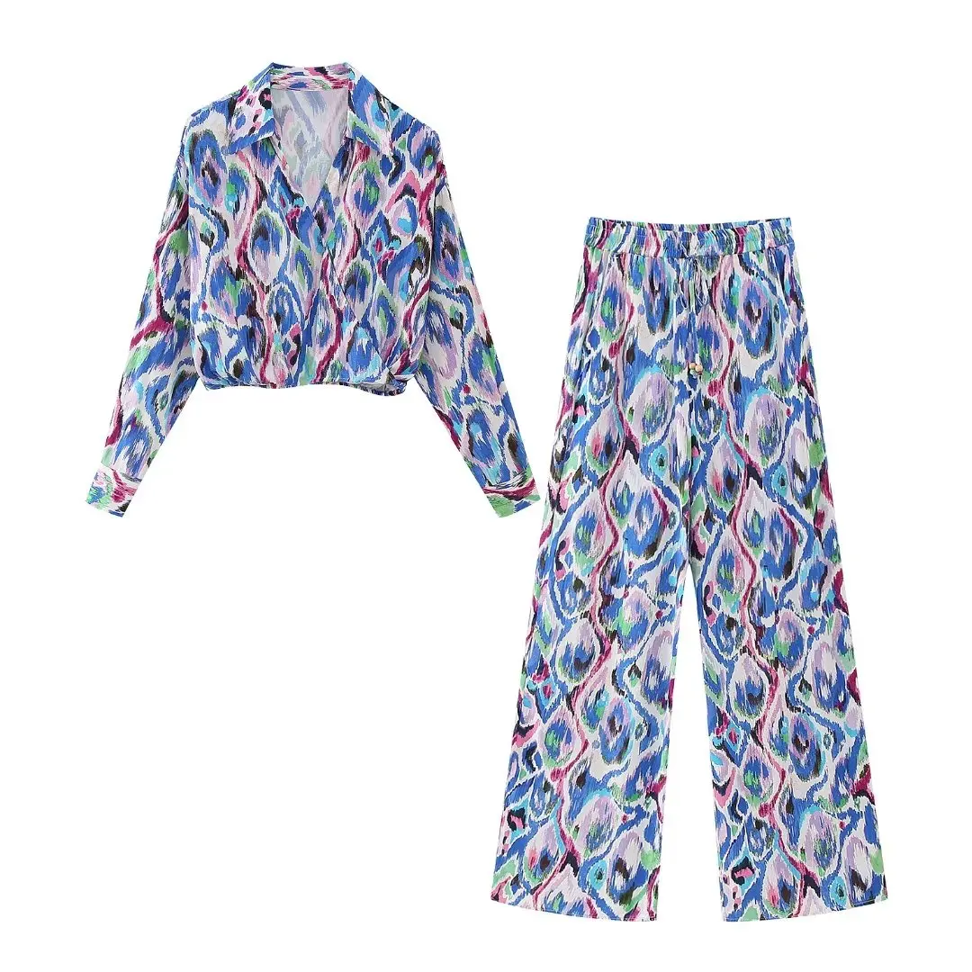

Women 2023 New Fashion Summer Short Long Sleeve Shirt Printed Wide Leg Trousers Vintage V-Neck Casual Chic Female suits Mujer