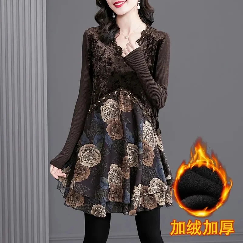 

Casual V-neck Long Velvet Spliced Top Fall Winter Fake Two Pieces Beading Chiffon Print T-shirts Korean Loose Women Pullovers