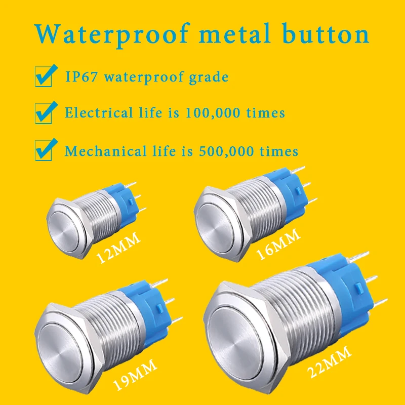 

Waterproof Metal Button Switch Without Lamp Push 12mm 16mm 19mm 22mm Latch/Momentary Self-Reset Flat Head Round Electronic 3Pin