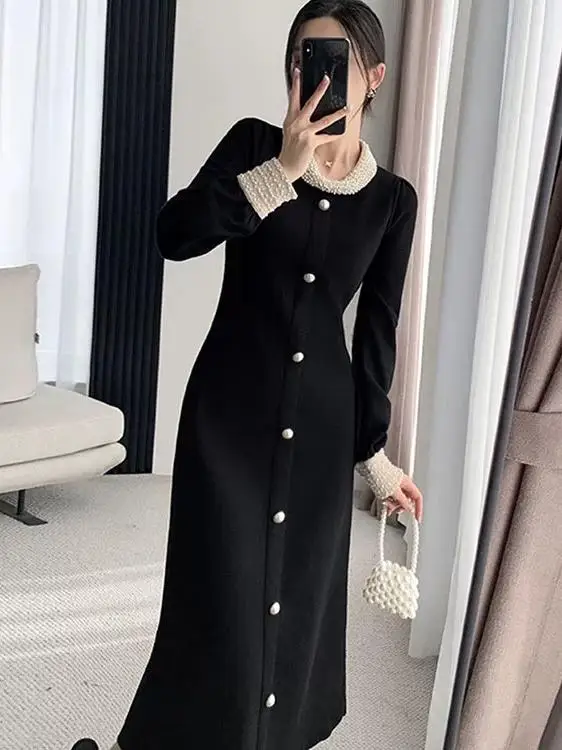 Осенне-зимнее французское платье Slim fit Knit Длинное размера плюс для полных девушек