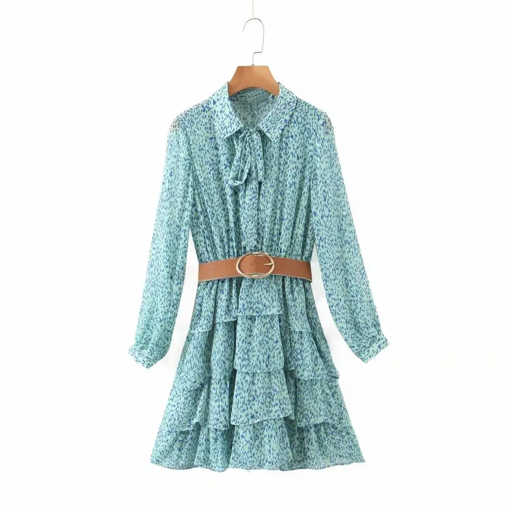

New Women leopard print cascading ruffles sashes cake Dress Female long sleeve chiffon Vestidos Casual slim brand Dresses DS3726