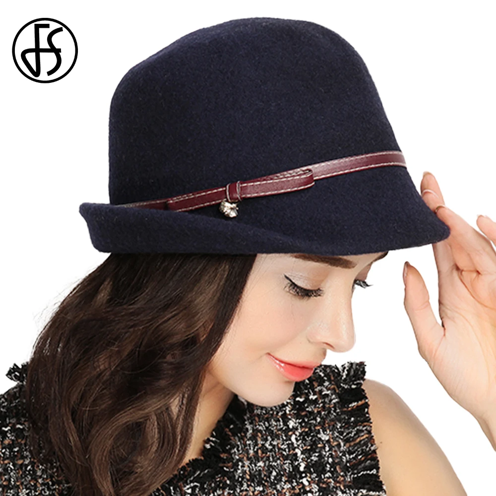 

FS Wool Top Church Hats For Women Formal Occasion Elegant Fashion Fisherman Ladies Outdoor Curl Brim Show Small Face Cap Fedoras