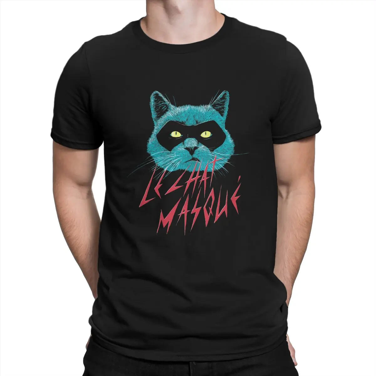 

Men T-Shirts Le Chat Masque Funny Pure Cotton Tee Shirt Short Sleeve Cat Lover T Shirts Round Collar Clothes Party