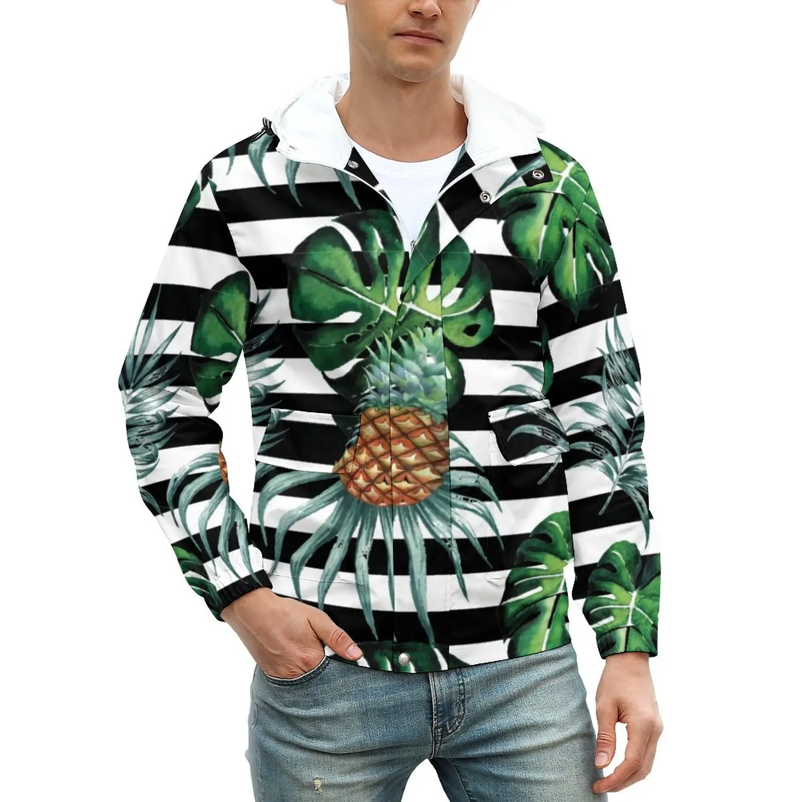 

Куртка мужская Осенняя в тропическом стиле, Повседневная ветровка с принтом ананасов и полосок, на молнии, в стиле ретро, большие размеры