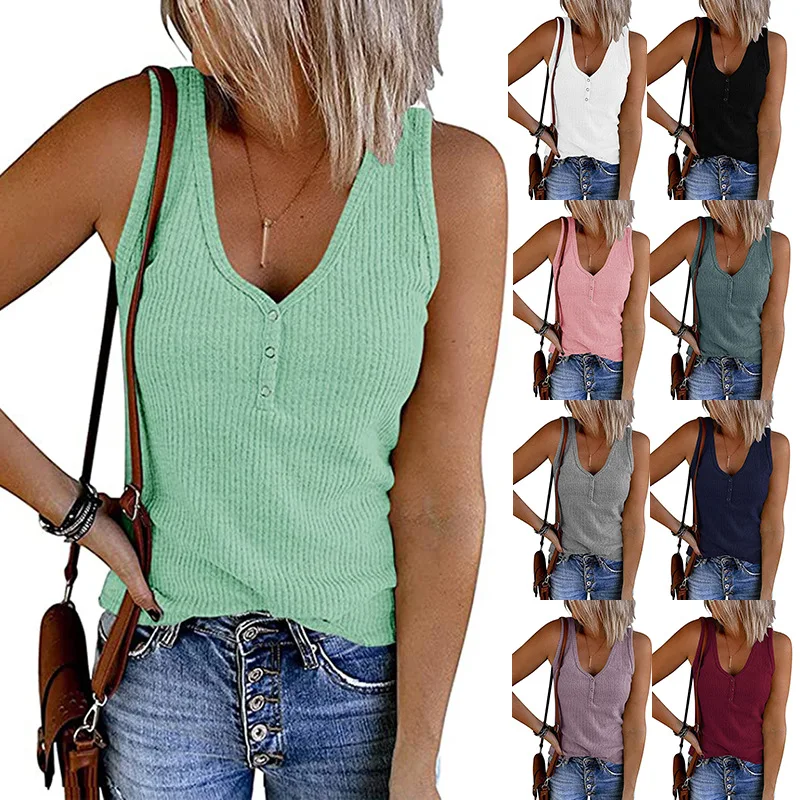 

2023 Summer New Women's Rib Knit Vest Solid V-Neck Sleeveless Top Women