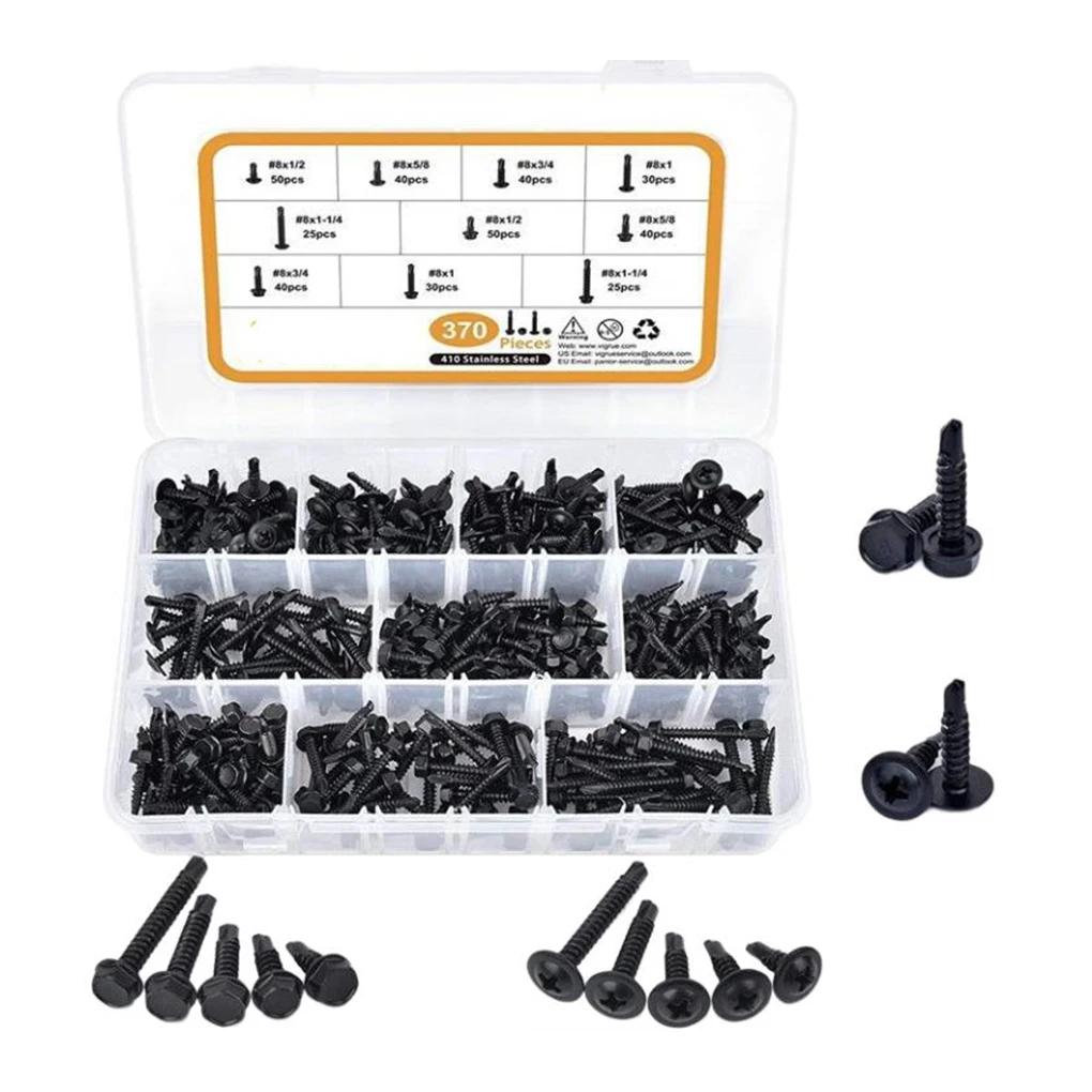 

370 Pieces/Set 410 Stainless Steel Screw Portable Anti-rust Electroplated Self-drilling Tip Nonslip Screws Accessories