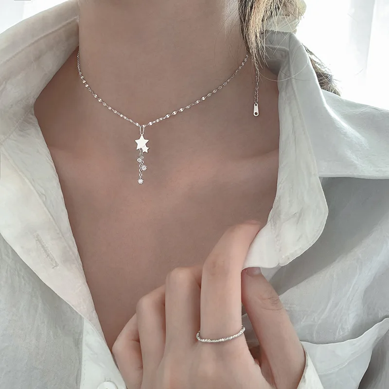

UOSU 925 стерлинга серебра горячая новая звезда вспышки Tassel ожерелье простой кулон капли воды кулон женской ключицы цепи ювелирных изделий