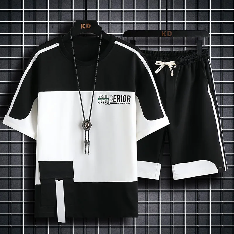 2023 New Summer Short-Sleeved T-shirt Men's Loose Stitching T-shirt Youth Thin Student Sports Shorts Suit Fashion