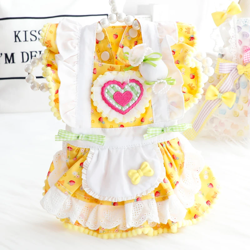 

Autumn Cotton New Pet Dog Clothes Handmade Cute Yellow Blue Lolita Maid Style Princess Dress For Small Medium Dog Teddy Skirts
