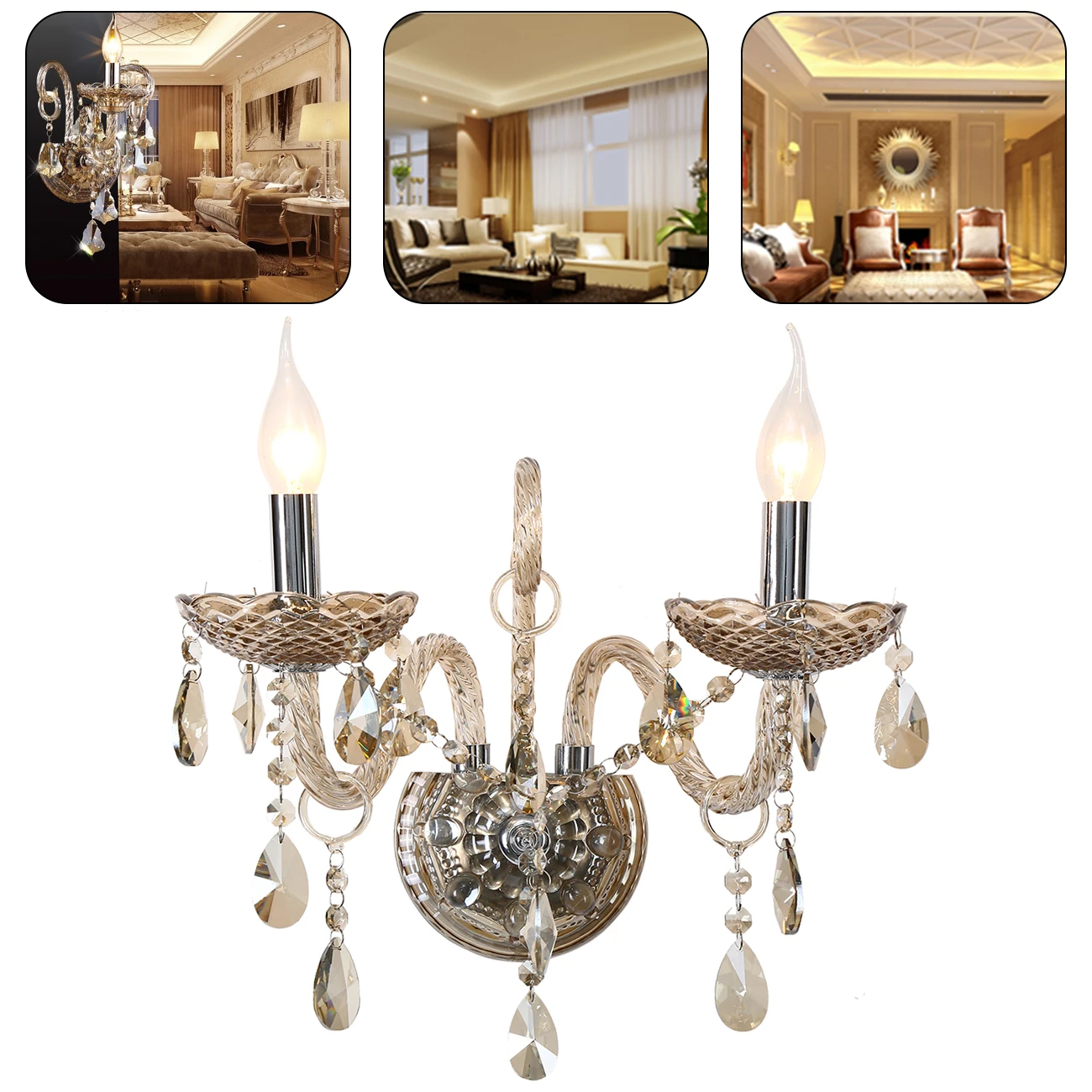 

Honhill 2 Arms Crystal Wall Light Sconces in Candle Holder Shape Classic Design E14 Gold Led Crystal Wall Lamp For Bedroom