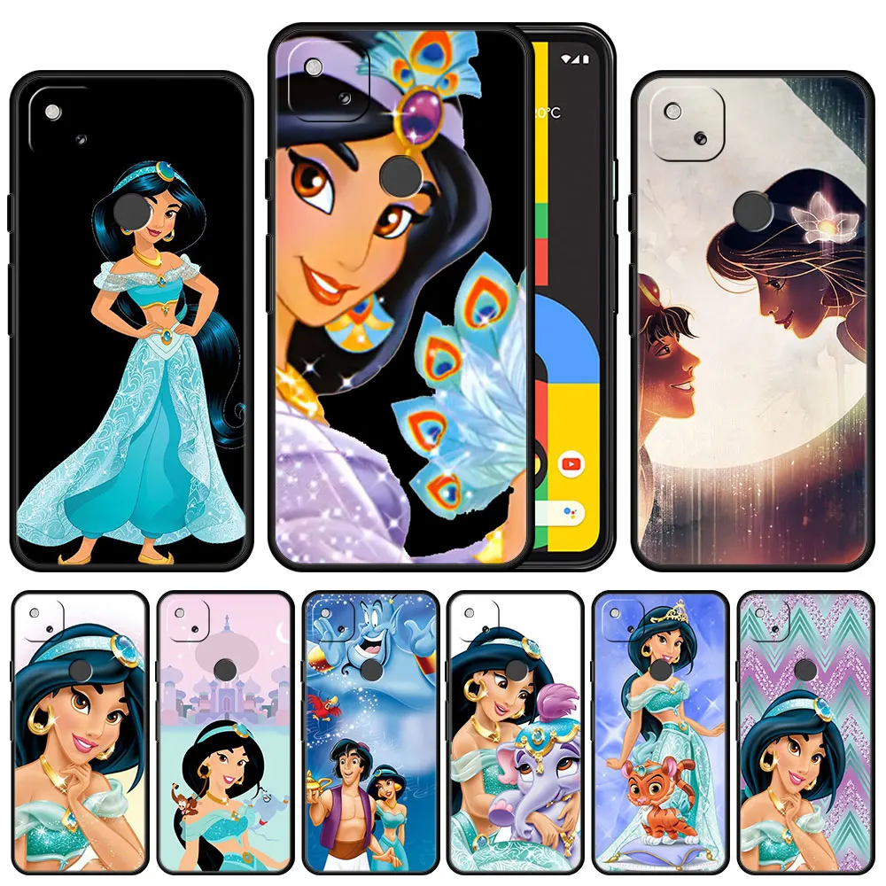 

Phone Case Cover for Google Pixel 5a 4a 3 4 XL 5 6 Pro 4G 5G Armor Soft TPU Black Trend Style Original Disney Jasmine Princess