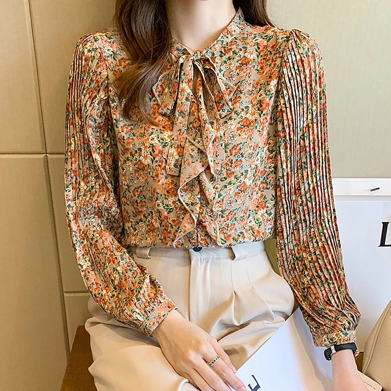 Женская шифоновая блузка с цветочным принтом плиссированным рукавом |