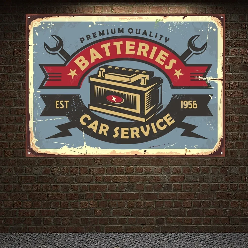 ПРЕМУМОВОЕ КАЧЕСТВО БАТАРЕИ Винтажный АВТОМОБИЛЬНЫЙ СЛУЖАЙ Плакат Флаг