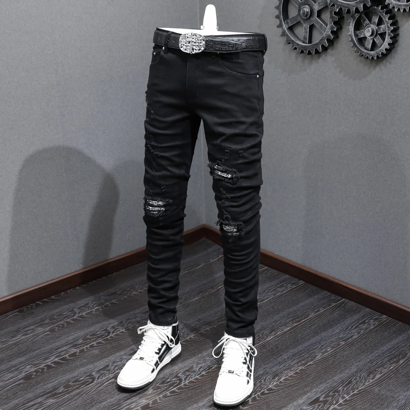 Street Fashion Men Jeans Black Elastic Stretch Skinny Fit Ripped Jeans Men Bandana Patched Designer Hip Hop Brand Pants Hombre
