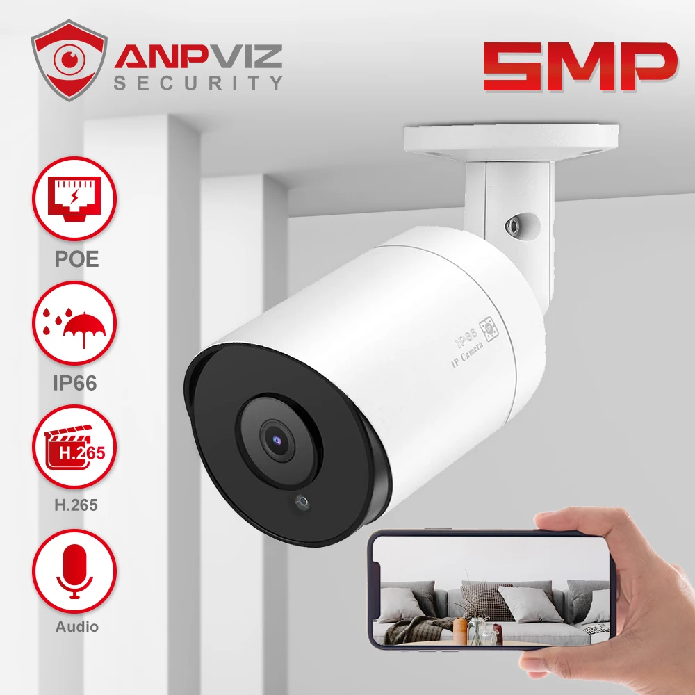 Anpviz 5MP Bullet POE IP Camera Outdoor Security Camera 30m IR Hikvision Compatible With Audio Motion Alarm IP66 H.265 Danale