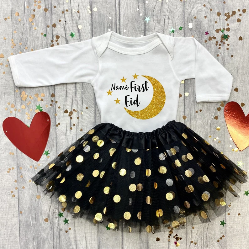 2pcs Set Personalised First Eid Baby Girls Tutu Dress Romper Eid Baby Tutu Moon Stars Design Newborn Princess Gift