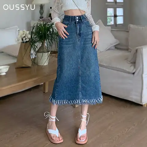 Retro Classic Cotton Denim Skirt  Women Vitality Casual High Waist Women's Skirt Sexy Tassels Irregular Female Long Skirts Cool