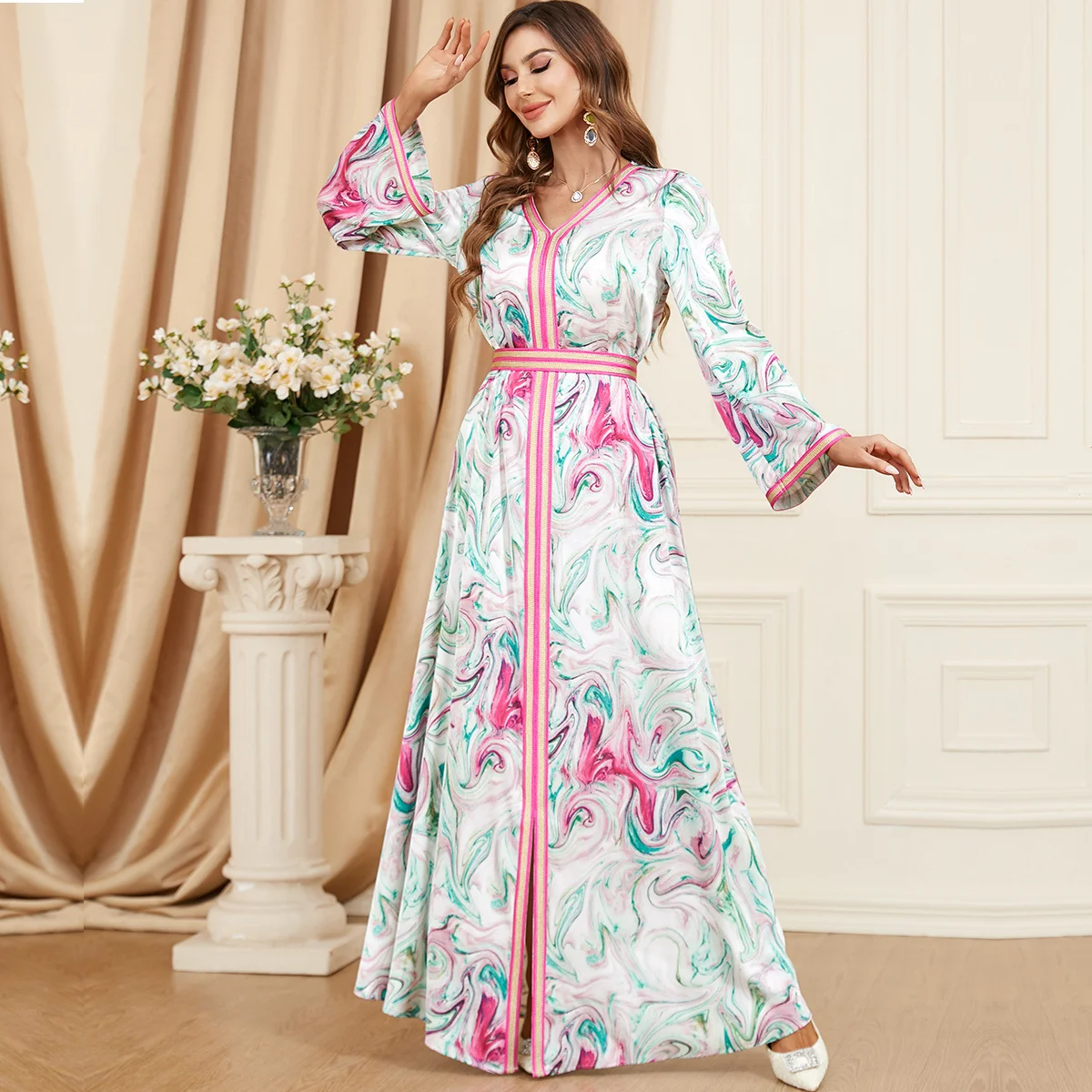 

Abaya для женщин, муслиновое платье Дубая с длинным рукавом и V-образным вырезом, марокканский кафтан, вечернее платье, ИД Мубарак, кафтан, Дуба...