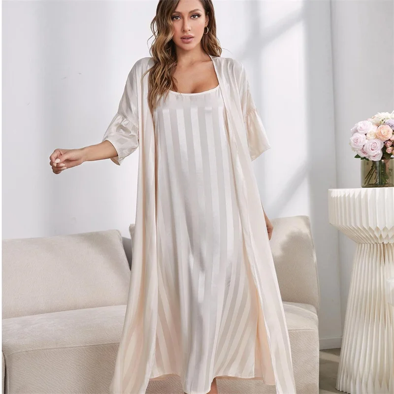Women's Sleepwear 2 Pcs Sets Velvet Sleepwear Striped Robe Nightgown and Backless Sleep Dress Pajamas Set