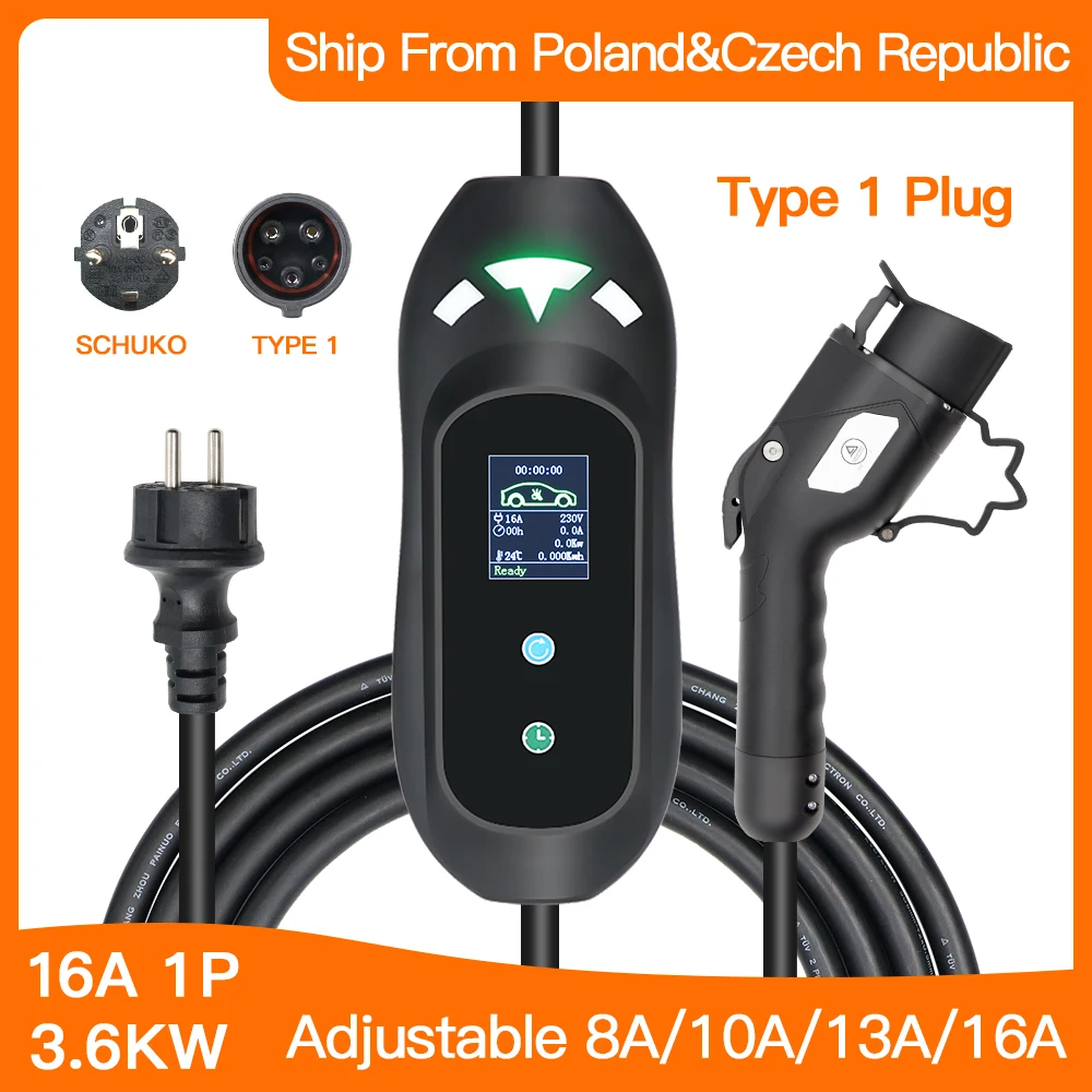 

EV Charger Type1 SAE J1772 Type2 16A 3.6KW Level 2 Portable EVSE Charging Cable EU Plug Controller Wallbox for Electric Car