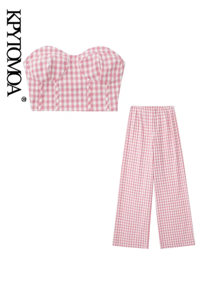 

KPYTOMOA Women Fashion Gingham Check Crop Bustier Tops And High Waist Zipper Fly Straight Trousers Female Two Piece Sets Mujer
