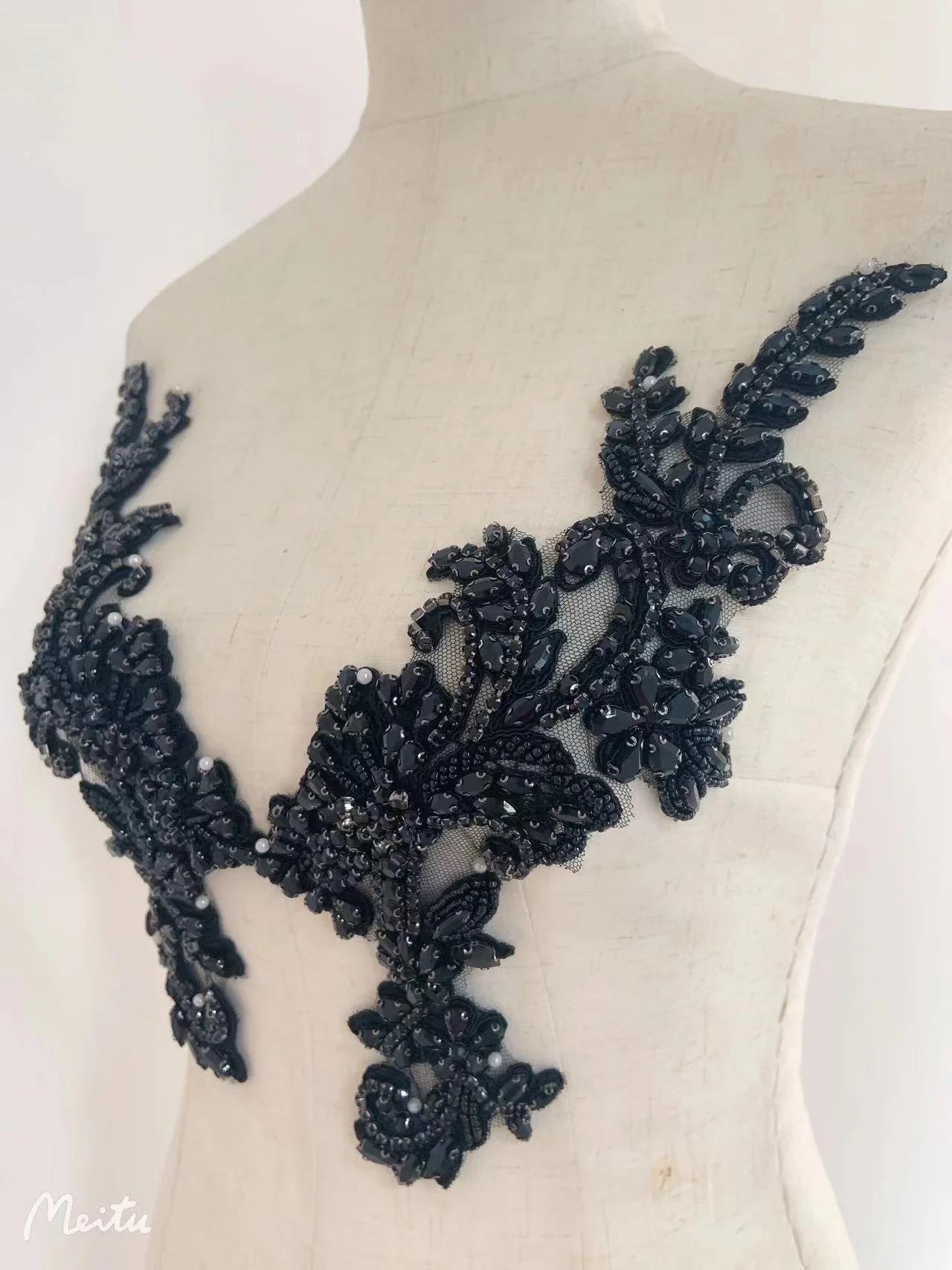 High End Black Heavy French Bead Applique Crystal Rhinestone Bodice Patch for Wedding Dress,Couture,Special Events Clothes