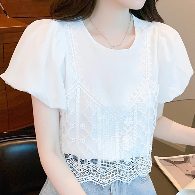 

Summer Womens Short Sleeve French Round Neck Flying Sleeve Jacquard Lace Shirt Women Tops Blusas Mujer Blouse Women Camisas C584