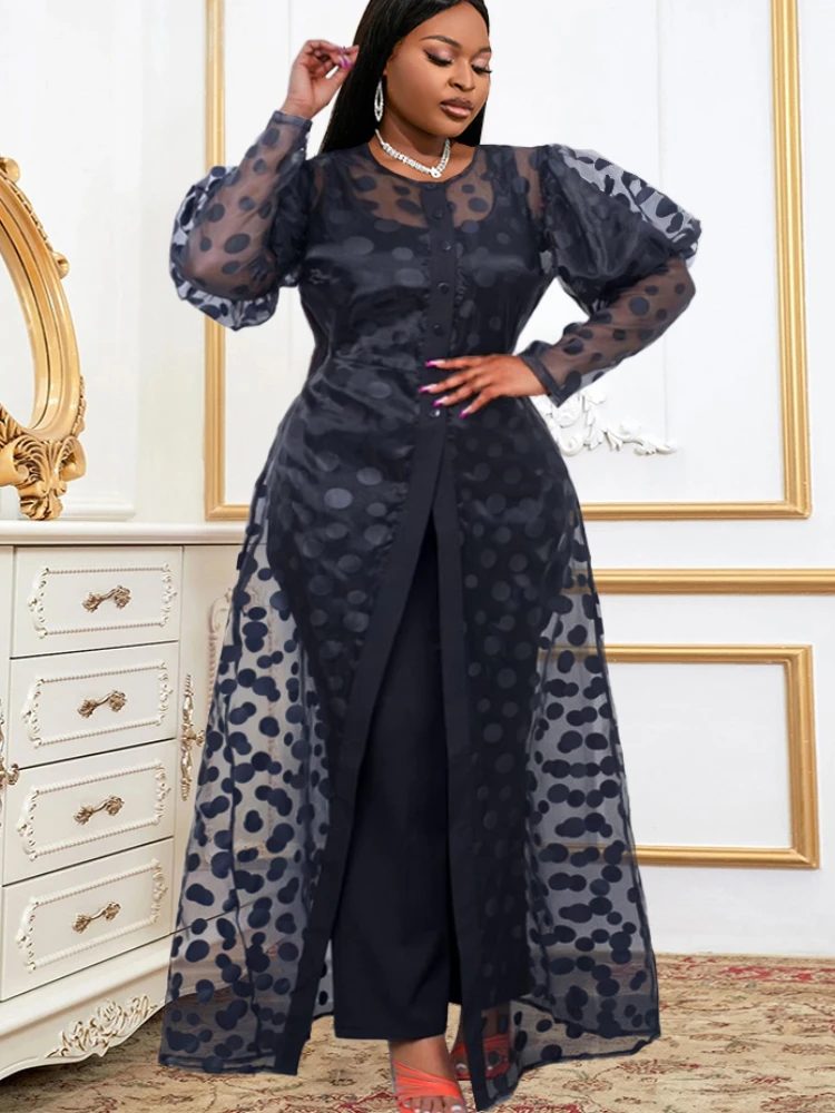 Plus Size Polka Dot Dresses See Through Cover Black Organza Long Sleeves Robes Print Cardigan Casual Club Street Wear Maxi Gown