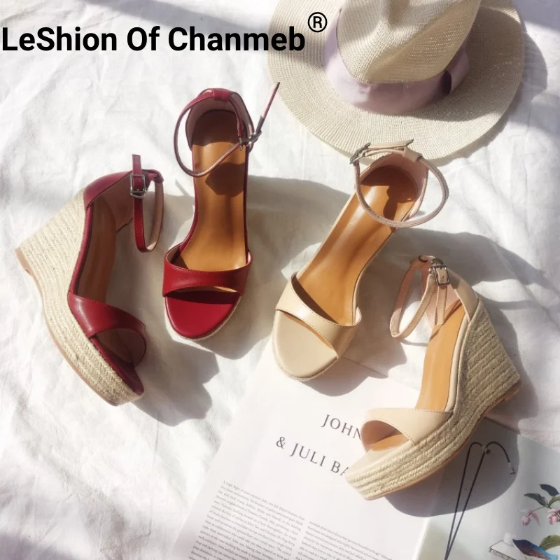 

Leshion Of Chanmeb Women Natural Leather Espadrilles Sandals Wedge Heel Platform Ankle Strap Buckle Red Nude Sandal Lady Size 39