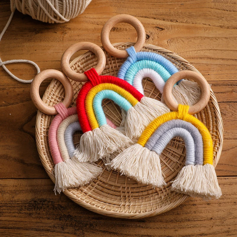 1pc Nordic Rainbow Rattle Beech Wood Hand Teething Wooden Ring Handmade Woven Cotton Rope Rainbow Pendent Jewelry Hanging Toy