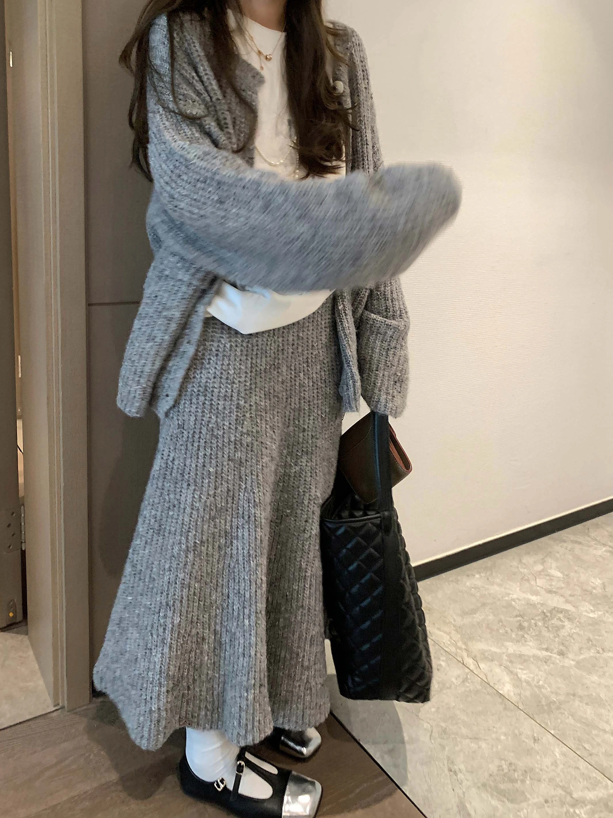 Свободный вязаный костюм женский зимний кардиган 2024 свитер эластичный шерстяной