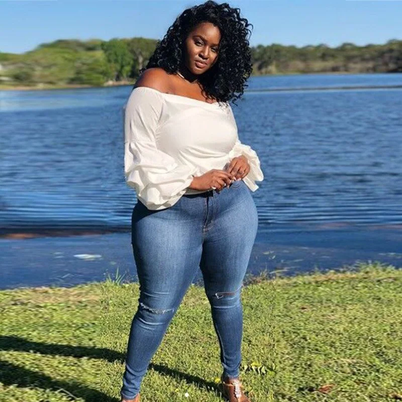 Plus Size Tops Women's Fashion Sexy Slim Lantern Sleeve Crossed Off Shoulder Off-the-shoulder Solid Color Large Women Clothing