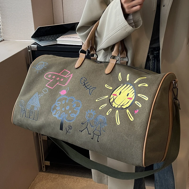 

Unisex Green Camp Shoulder Bag Cartoon Graffiti Pattern Sweethearts Boston Crossbody Bags Lovers' Summer Travel Canvas Handbags