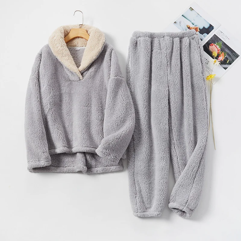 

JULY'S SONG Flannel Winter Pajamas Set Thickening 2 Pieces Women Sleepwear Casual Loose Warm Homewear Coral Fleece Nightwear